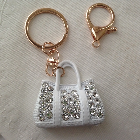 2-Way, White Enamel-Clear Rhinestone Handbag Charm- Key Chain - Picture 4 of 8